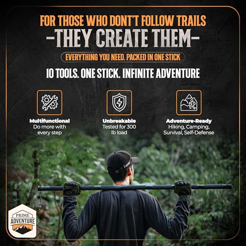 Prime Adventure 15-in-1 Tactical Survival Walking Stick & Hiking Staff – Heavy-Duty Collapsible Multitool for Camping, Hik...