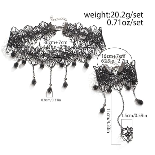 Bestleey Gothic Layered Lace Choker Necklace Earrings Set for Women,Vintage Black Crystal Tassels Necklaces Earrings Set Statement Punk Style Necklaces Earring Halloween Dark Vampire Jewelry (Black1)