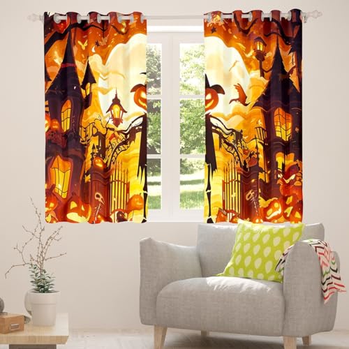 Trippy Moon Starry Sky Window Curtain,Sugar Skull Bat Ghost Curtains Halloween Theme Window Treatment Curtain Kids Boys Teens Room Decor,Pumpkin Lantern Gothic Style Window Drapes,2 Panels,38Wx54L