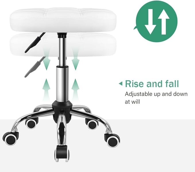 FURWOO Oval Rolling Stool Height Adjustable Massage Chair with Wheels for Spa Salon White