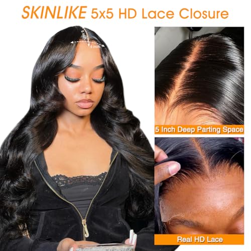 5x5 HD Lace Closure Only Body Wave Human Hair 12A Brazilian Virgin Remy Human Hair Frontal Closure 100% Human Hair Extensions Pre Plucked with Baby Hair Natural Hairline Natural Black 22 Inch