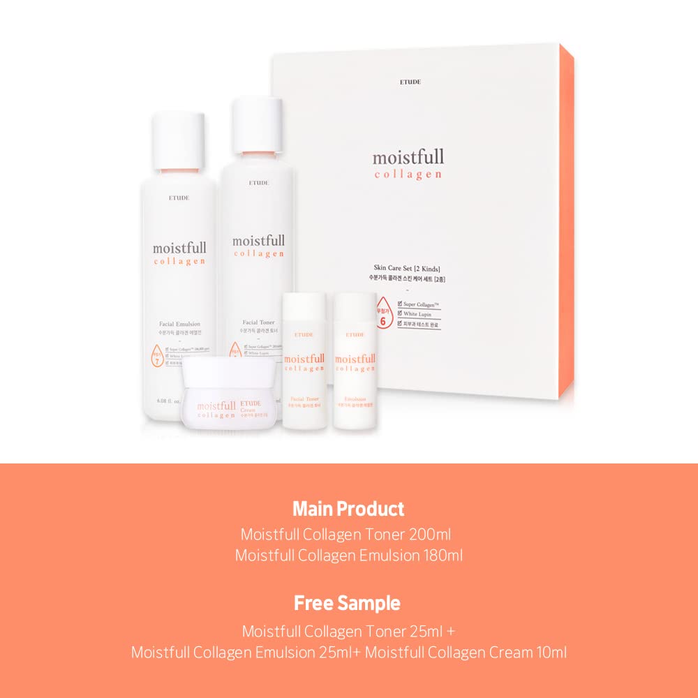 Etude Moistfull Collagen Skin Care Set, Perfect for Gift, Facial Emulsion and Toner, Face Moisturizer, Toner for Face, Super Col