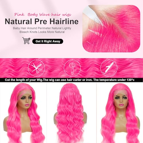 Pink Wig Human Hair 13x4 Pink Lace Front Wigs Human Hair Pre Plucked Body Wave Wig 200 Density Real Hair Frontal Wigs for Women 24 Inch