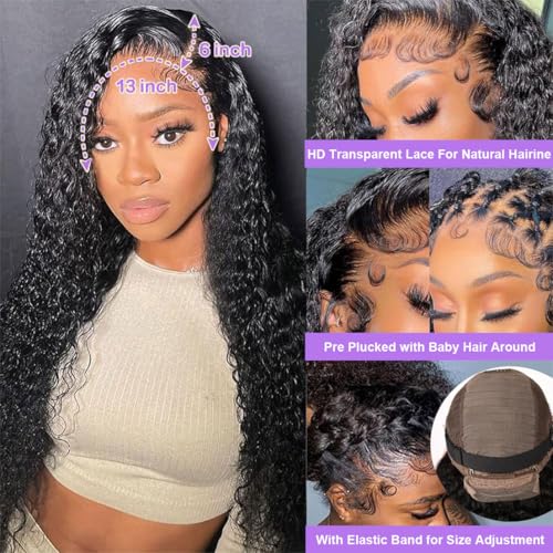 Deep Wave Lace Front Wigs Human Hair 13x6 HD Lace Frontal Wigs Human Hair Pre Plucked 200 Density Deep Curly Glueless Wigs Human Hair For Women Natural Black 20 Inch