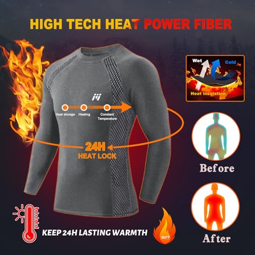 Men's Thermal Compression Shirt Fleece Lined Long Sleeve Athletic Base Layer Cold Weather Gear Workout Top Grey