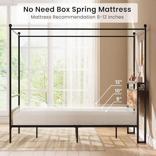 LIKIMIO Canopy Bed Frame Queen with Storage Headboard & Charging Station, Sturdy Metal Platform Bed with 4 Removable Post...