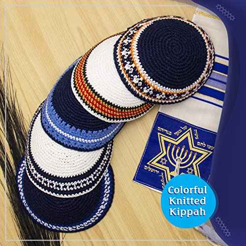Pack of 5-Pcs - Hq Mix Colors Handmade Knitted Kippah for Men Boys and Kids, Yamaka Hat from Israel - Kippot Bulk (Mix Lines, 17CM Flat)