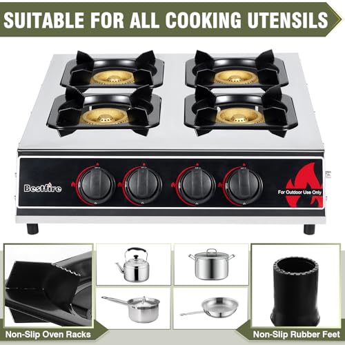 BESTFIRE 4 Burner Propane Gas Stove 40,000 BTU Stainless Steel Cooktop with Enamel Pan Support, Electronic Ignition, Regul...