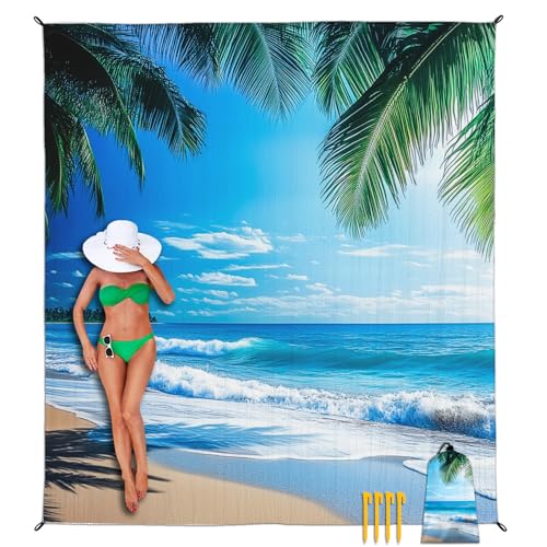 Beach Blanket Waterproof Sandproof, Palm Tree Oversized Extra Large Picnic Mat 83"×95"/8 × 7 FT for 1-7 Adults for Travel ...