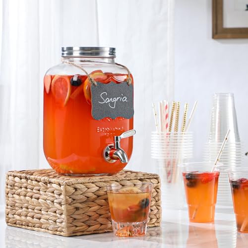 1 Gallon Glass Beverage Dispenser, 18/8 Stainless Steel Spigot and Lid, Glass Drink Dispensers for Parties, Mason Jar Drin...