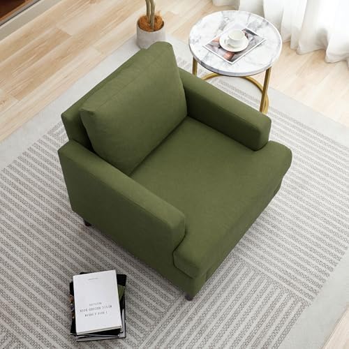 Weture Mid-Century Accent Chair, Comfy Upholstered Reading Accent Chairs for Bedroom, Modern Linen Fabric Armchair for Living Room, Single Sofa Chair with Wood Legs (Green, 2 Pack)
