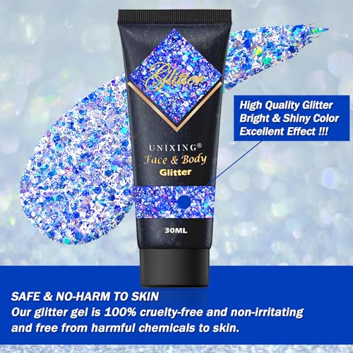 Body Glitter Gel, Face Glitter Gel,Hair Glitter, Holographi Sparkling Glitter Gel for Makeup, Chunky Glitter Concerts Musi...
