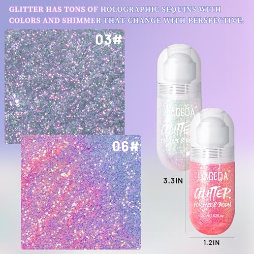 DAGEDA 2Colors Roll-on Body Glitter Gel for Body, Hair, Face, Holographic Glitter Makeup for Rave Accessories, Body Shimme...