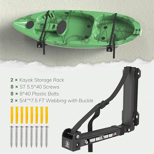 GanFindX Foldable Kayak Wall Rack | Heavy-Duty 9.5-13.8" Kayak Storage Rack Hanger & Plastic Buckle Straps, Indoor/Outdoor...