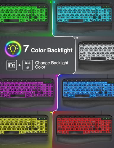 SABLUTE Ergonomic Keyboard, USB Wired with Cushioned Wrist & Palm Rest, 7-Color Backlit Adjustable Brightness for Windows,...