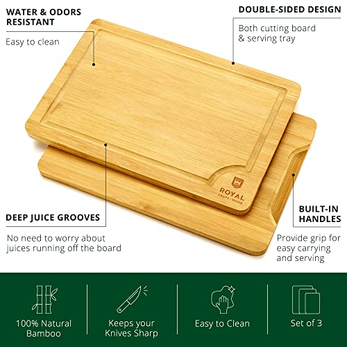 ROYAL CRAFT WOOD Bamboo Cutting Board Set with Juice Groove (3 Pieces) and Cutting Board Organizer