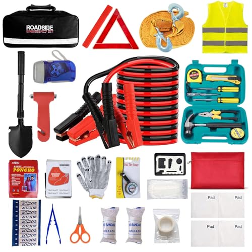 Car Emergency Roadside Tool Kit with Jumper Cable Shovel,Auto Truck Vehicle Assistant Safety Kit Bag for Men Women with Fi...
