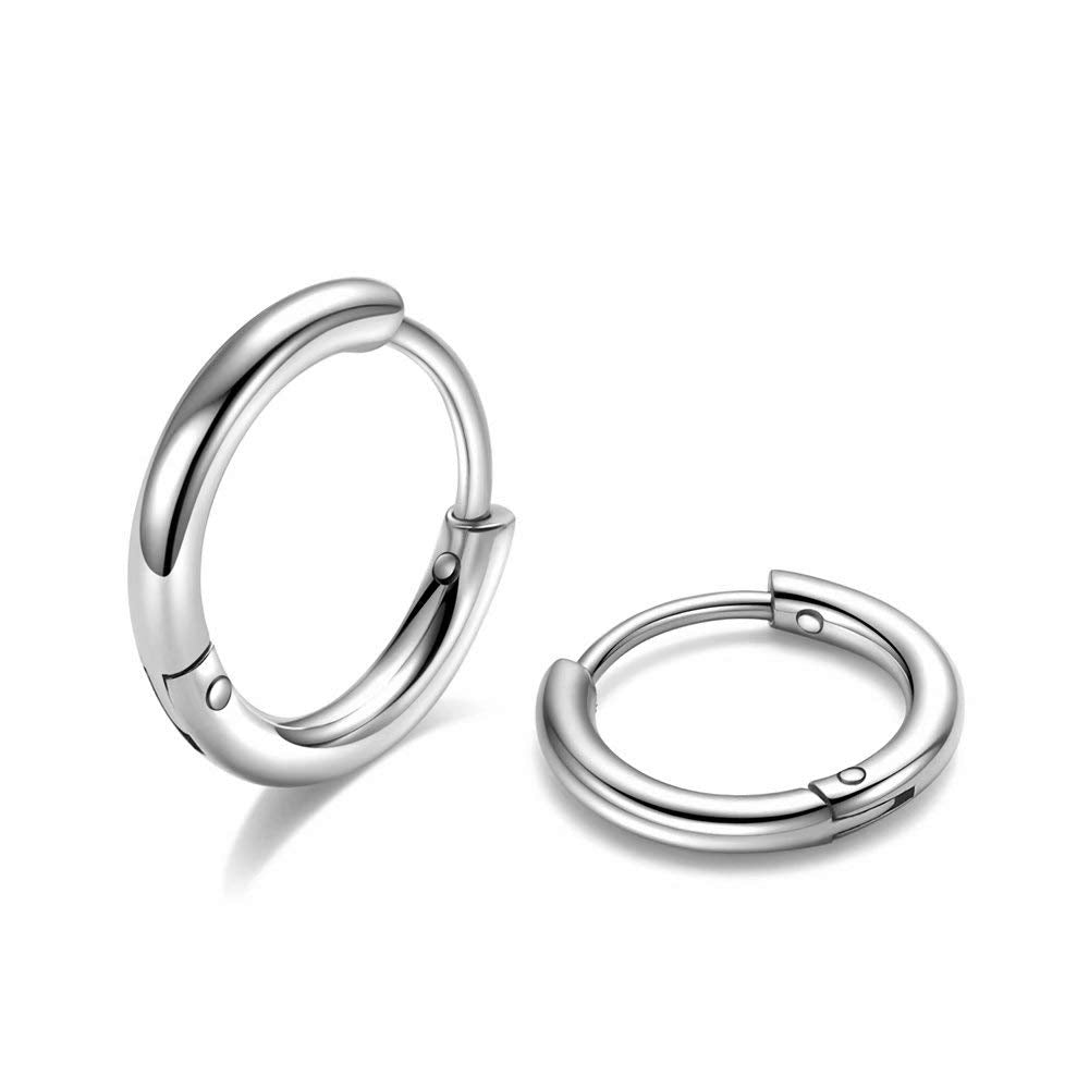 10MM Surgical Steel Hoop Earrings, Silver Huggie Earrings Mens Hoop Earring for Sensitive Ear, Hypoallergenic 316L Surgical Stai