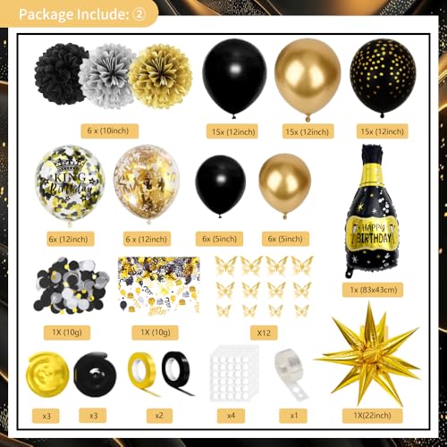 Black and Gold Birthday Decorations for Men Boy, 100pcs Black and Gold Party Decorations with Happy Birthday Banner, Ballo...
