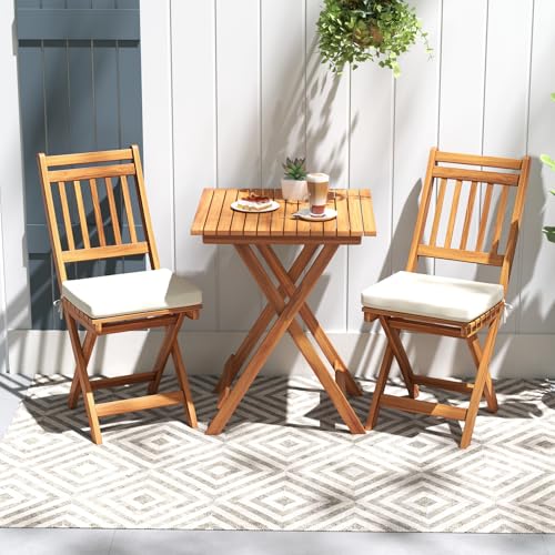 Tangkula Acacia Wood Patio Bistro Set of 3, Outdoor Folding Chair Table Set with Soft Seat Cushions, High Back Armless Cha...