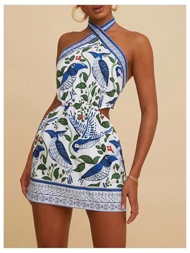MakeMeChic Women's Boho Mini Dress Summer Beach Vacation Halter Dresses Floral Sundress