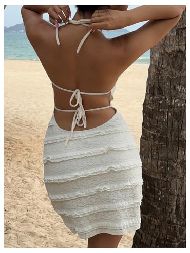 GORGLITTER Women's Backless Halter Neck Bodycon Mini Dress Sleeveless Deep V Neck Open Back Ruffle Knit Pencil Short Dresses