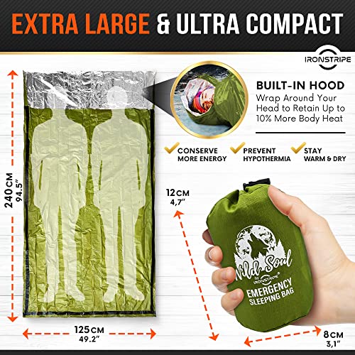 Ironstripe Bivy Sack XL Waterproof Survival Sleeping Bag with Emergency Whistle, Built-in Hood & Thermal Mylar - Tear & Pu...