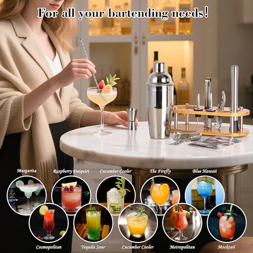Cocktail Shaker Set Bartender Kit - 11 Pcs Bar Tool Set with Bamboo Stand & All Bar Accessories: Martini Shaker, Strainer,...