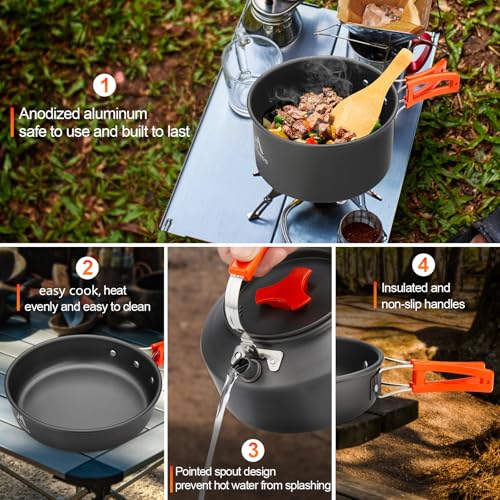 THTYBROS 17pcs Camping Cookware Kit, 0.45Gal Pot, 7inches Pan,0.30Gal Kettle Set with 2 Set Stainless Steel Cups Plates Fo...