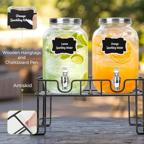 DHSBTLS 1 Gallon Glass Drink Dispensers, 2 Pack Clear Beverage Dispenser for Party, BBQ and Picnic, Juice Dispenser with I...