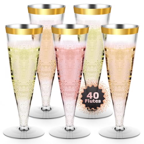 Plastic Champagne Flutes Gold Rim Disposable Champagne Glasses - 40 Pack 4.5 Oz Mimosa Glasses Bulk Cocktail Cups for Part...