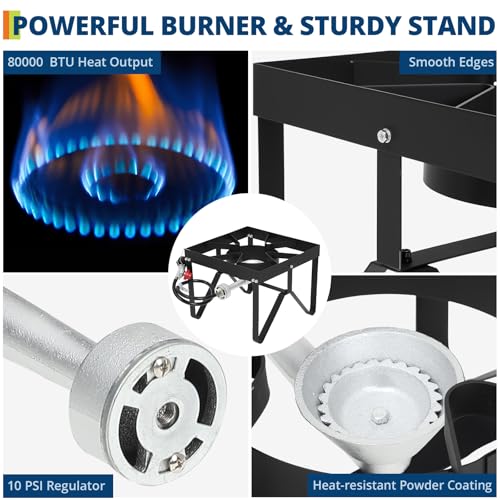 80,000 BTU Single Burner Propane Stove – 10 PSI Regulator, 400 Lbs Capacity Portable Outdoor Cooker for Camping, Deep Fryi...