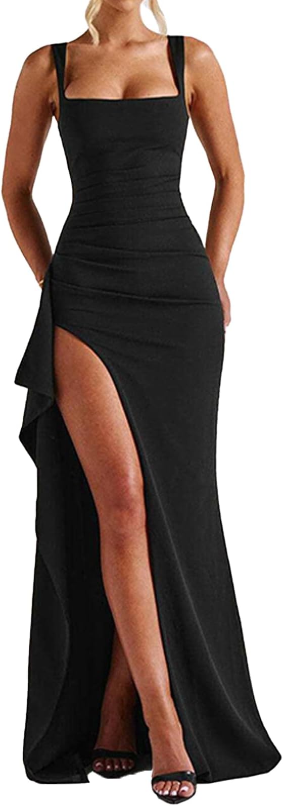 ABYOVRT Women Formal Dresses Sleeveless Bodycon Ruched High Slit Sexy Maxi Dress Cocktail Prom