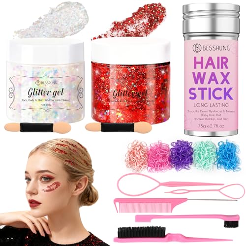 Hair Accessories Kit with Hair Glitter for Women Girls, Body Face Glitter Silver Red Glitter Gel for Makeup, Hair Wax Stic...