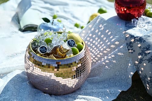 Rose Gold Disco Ball Ice Bucket - Mirror Ball Cooler, Reflective Rose Gold Drink Holder, Shiny Ice Bucket for Parties, Wed...