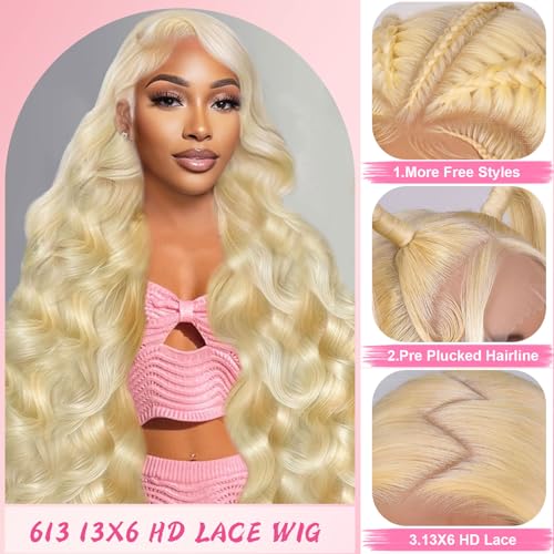 613 13x6 Lace Front Wig Human Hair 200 Density Blonde Wig Human Hair Body Wave 13X6 HD Transparent Lace Front 613 Lace Frontal Glueless Wigs Pre Plucked for Women 22 Inch