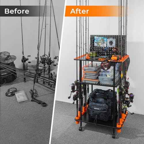 KastKing V12 Gear Trolley, Indoor Fishing Rod Holder for 12 Combos, 3-Tier Fishing Accessory Shelves With Peg Wall, Patented Built-in Line Spooler, Mobile Tackle Storage Cart With Locking Wheels