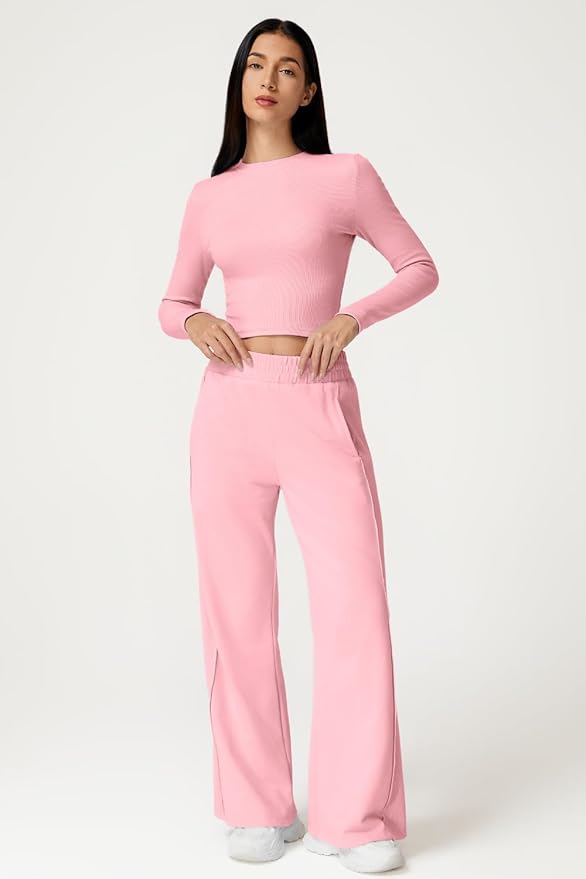 QINSEN Womens 2 Piece Sets Long Sleeve Slim Fit Crop Tops Wide Leg Pants Matching Lounge Set