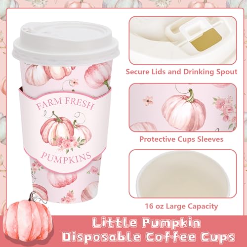 JarThenaAMCS 48 Set Fall Little Pumpkin Disposable Coffee Cups with Lids and Sleeves Pink Pumpkin Flower Paper Cups Fall D...