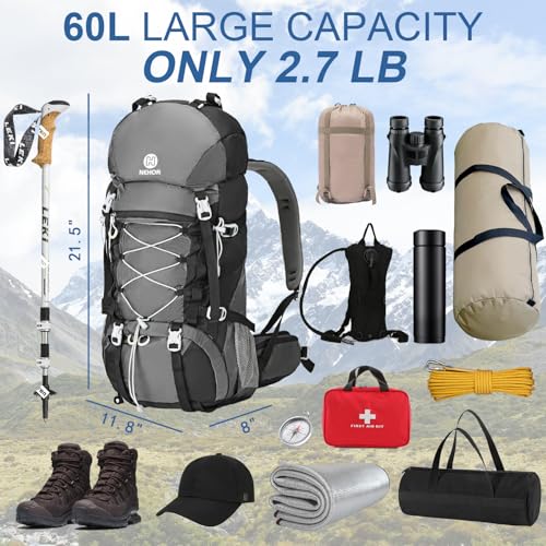 NEHOR 60L Hiking Backpack, Water Resistant Camping Backpack with Rain Cover, Large Lightweight Hiking Bag Outdoor Travel D...