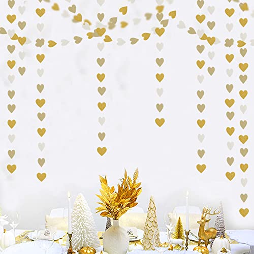 White-Gold Champagne Party-Decorations Heart Streamers Garland - 52Ft Christmas Wedding Engagement Hanging Paper Banner,Ba...