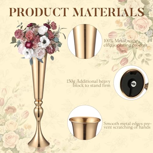Aurabee 12 Pcs Tall Gold Trumpet Vases for Centerpieces & Wedding Tables - 21.65" Tall Gold Flower Vase Set with Weighted ...