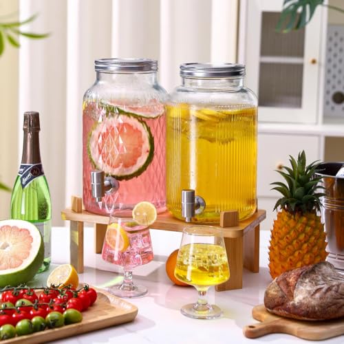 2 PCS Glass Drink Dispenser Set 1.5 Gallon With Stand, Spigot, Large Water Drink Dispensers for Parties for Lemonade, Juic...