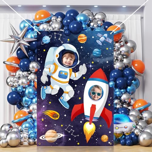 Outer Space Themed Party Decorations Astronaut Photo Booth Prop Backdrop Rocket Ship Galaxy Planet Starry Photography Back...