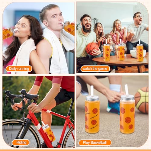 SmoothNovelty 24 Pcs 16.9 Oz Basketball Plastic Cups Bulk Basketball Cooling Towel Set Include 12 Sport Theme Cups with St...