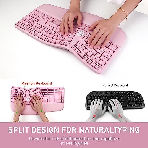 MEETION Ergonomic Keyboard Wireless, Split Curved Keyboard with Cushioned Wrist Palm Rest, Natural Typing Full Size with U...