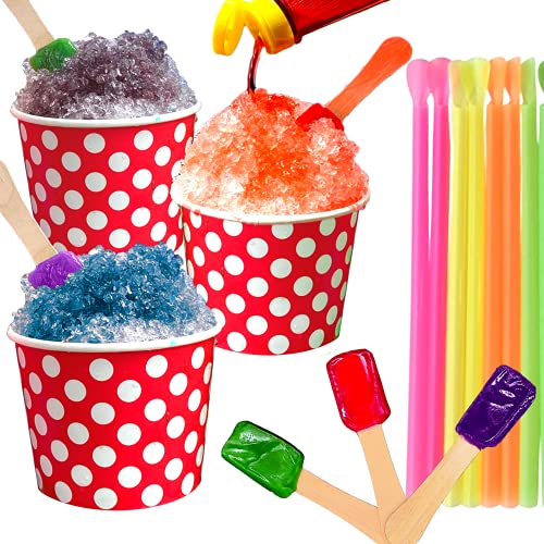Concession Essentials 105 Piece Multi-Colored Snow Cone/Shaved Ice Kit - Includes 25 Red and White Polka Dot Cups, 30 Cand...