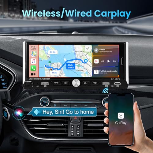 Single Din Car Stereo with Wireless Apple Carplay Android Auto, 6.9" IPS Touchscreen Car Stereo with Bluetooth 5.2 Handsfr...