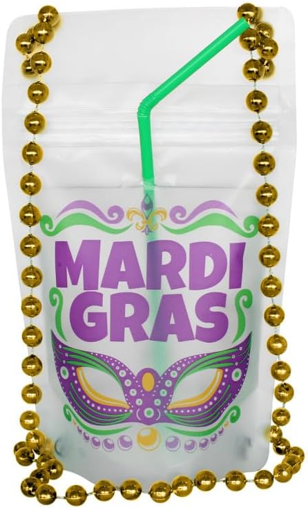 Mardi Gras NeckSip® Wearable Drink Pouches (12oz, 2pk, Gold Beads) Essential for Mardi Gras Parades, Carnival Celebration...