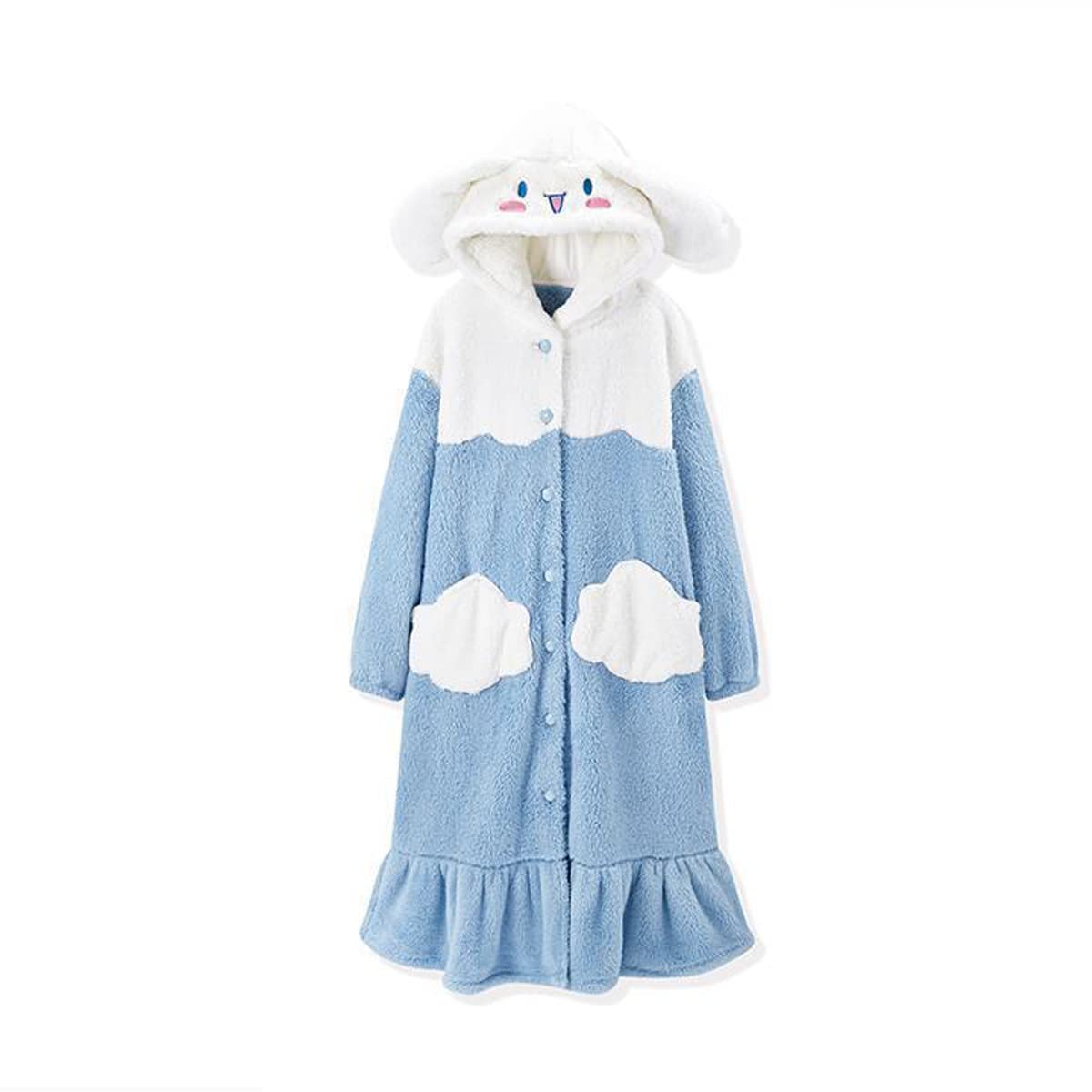 MEOKIM Women's robe button bathrobe Women's hoodie coat plush warm pajamas Long sleepwear with cute pattern pocket pajamas (Cloud Dog,Medium)
